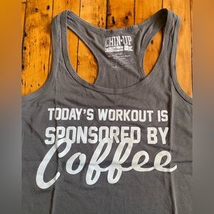 Gray graphic tank top : “Today’s workout is sponsored by Coffee”